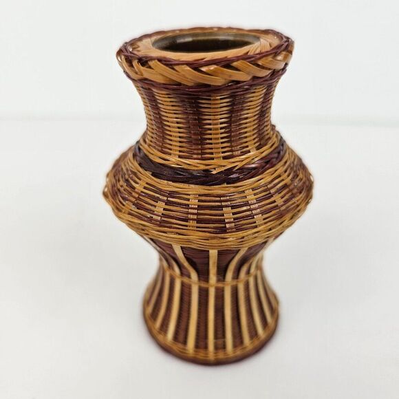 Shanghai Handicrafts Miniature Vase Woven Wicker Rattan Bamboo Basket Vtg Label - Picture 3 of 9